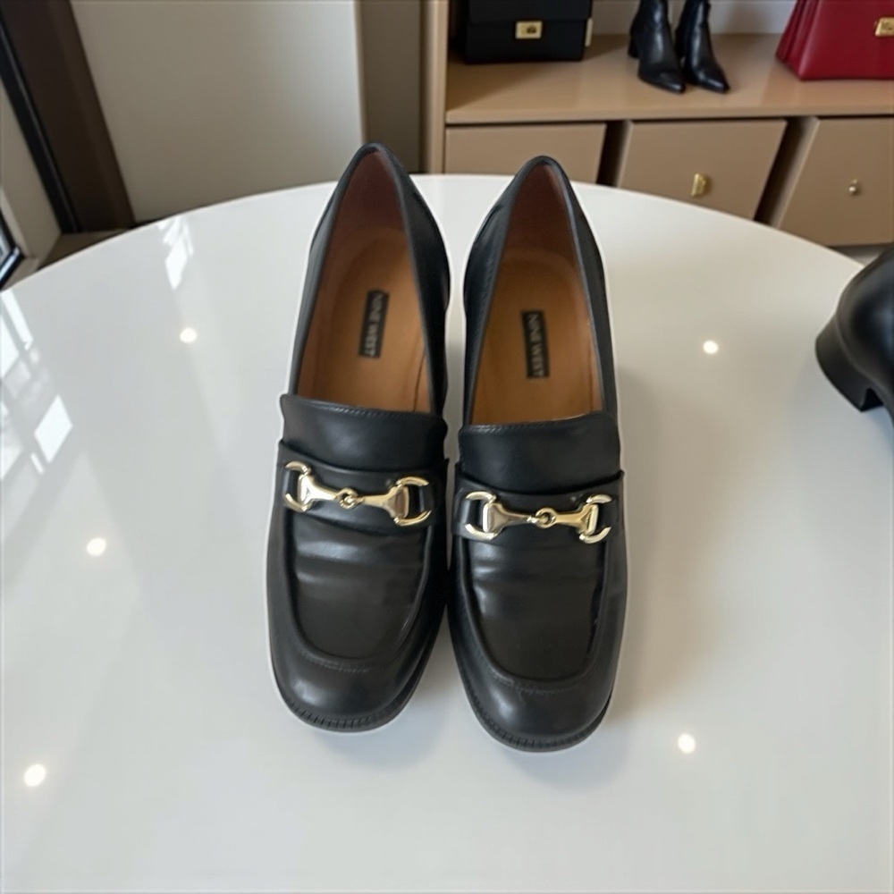 Nine West Koolo Black Patent Loafers Size 9  Square Toe Horsebit Block Heel Work - Picture 4 of 5